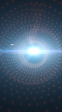 Glowing blue particle field forming a dotted halo around a bright core, abstract futuristic energy...