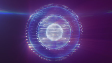 Purple and blue energy orb with shimmering rings and motion trails, abstract cosmic hologram for...