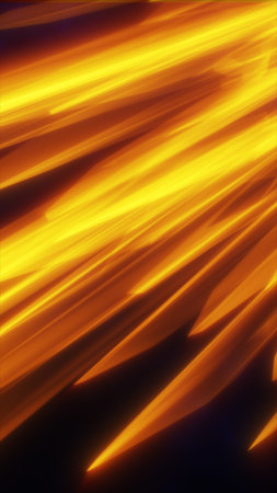 Abstract golden light shards and angular streaks creating a sense of heat, power, and fast energy movement on a dark background.の写真素材