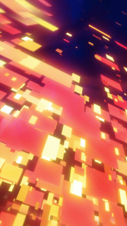 Abstract geometric composition with glowing orange squares and motion blur