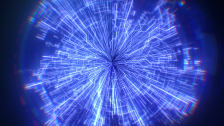 Abstract digital glowing vibrant blue light frame vortex creating a tunnel-like effect hi-tech...