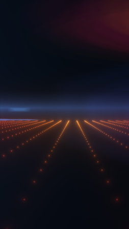 Futuristic dark landscape with glowing orange light dots forming perspective lines toward a distant...