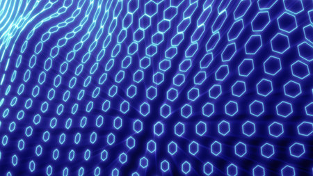 Vibrant electric blue hexagonal mesh with glowing edges, flowing dynamically to represent advanced...