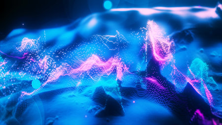 Abstract moving blue futuristic landscape of particles and dots with glow and blur effect, abstract...