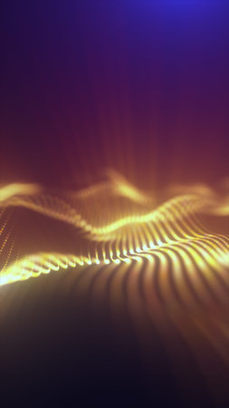 Golden glowing wave lines over a purple gradient background, creating a smooth abstract digital...