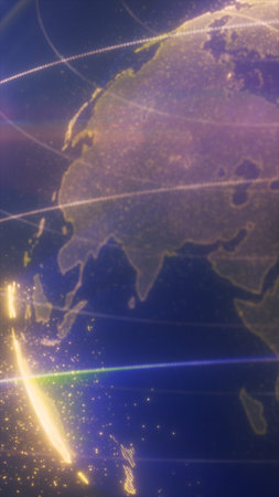 Glowing golden dotted world map on dark blue, symbolizing global data connections and digital...