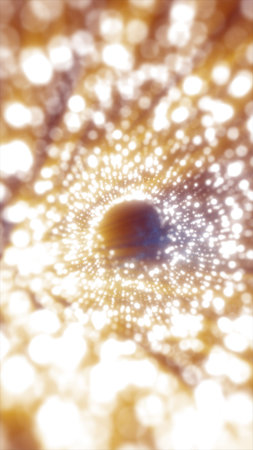 Golden particle vortex forming a glowing abstract tunnel, symbolizing energy flow, luxury light, and dynamic digital motion.の写真素材