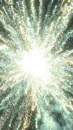 Abstract burst of glowing white particles radiating outward like an energy explosion in space