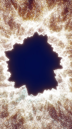 Sparkling golden particle explosion forming a bright ring with dark center, abstract glitter portal...