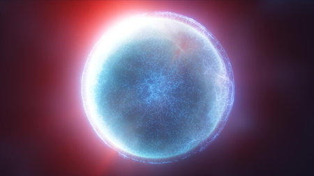 Blue energy magic circle, sphere, ball made of futuristic waves and lines of particles of atomic...