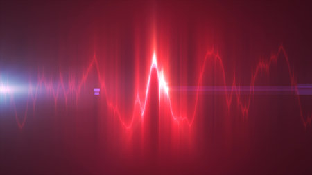 Abstract red neon waveform resembling a heartbeat signal, symbolizing life energy, audio pulses, and...