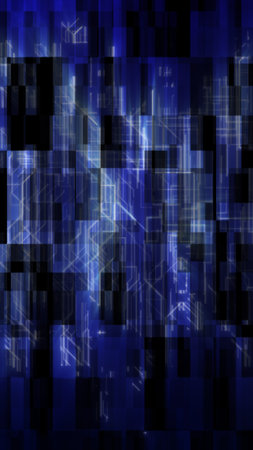 Abstract blue glitch mosaic with pixel blocks and circuit lines, futuristic cyber technology...