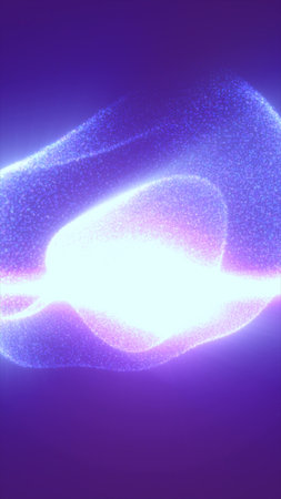 Abstract glowing blue and violet particle sphere radiating powerful light in dark digital space