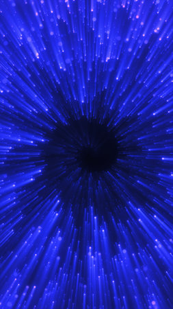 Blue hyperspace tunnel with radial light streaks and particles, sci-fi warp speed abstract...