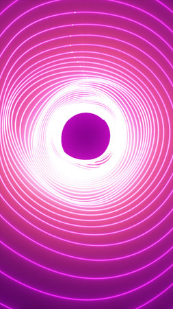 Glowing pink neon concentric rings forming a luminous tunnel, futuristic abstract background...