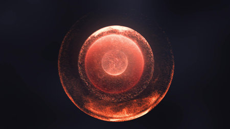 Abstract red sphere formed by swirling glowing particles.