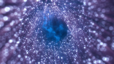 Dynamic tunnel of shimmering dots in blue and violet tones.