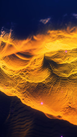 Glowing golden data waves forming a 3D mesh surface in a digital sci-fi environment.