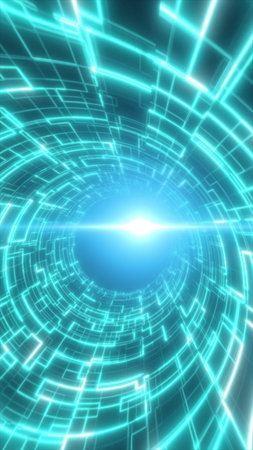 Glowing turquoise digital tunnel with circuit rings converging to a bright core, futuristic cyberspace background.の写真素材