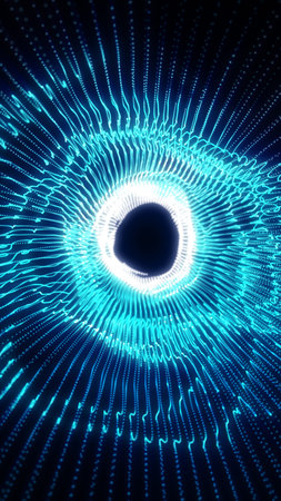 Futuristic blue circular vortex made of glowing data lines and dots, forming a luminous digital...
