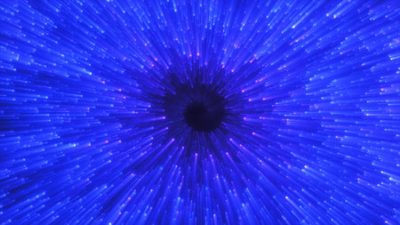 Abstract blue energy magical glowing spiral swirl tunnel particle background with bokeh.