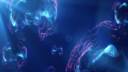 A vibrant depiction of floating blue spheres in a cosmic environment, resembling microscopic...