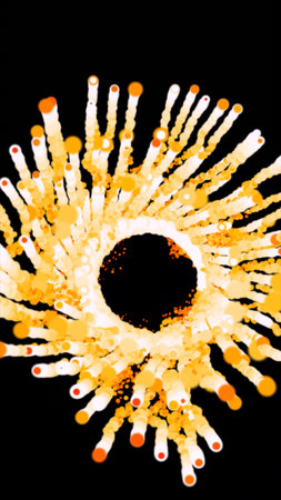 Abstract burst of glowing golden particles creating a dynamic circular explosion against a dark backgroundの写真素材