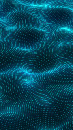 Futuristic glowing landscape of blue dots forming a wavy grid pattern on a dark surface.