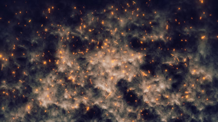 Abstract bright fiery sparks and dark gray bonfire smoke with fire, abstract background.