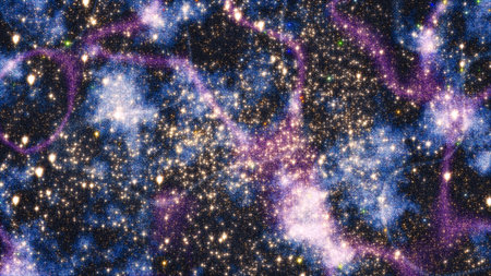 Dense cluster of stars with purple cosmic filaments resembling galactic connections across the...