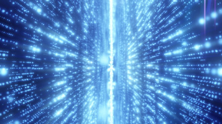 Glowing blue light particles creating a tunnel effect, suggesting motion.