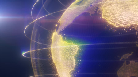 A digital representation of green Earth with glowing lines encircling the planet, highlighting...