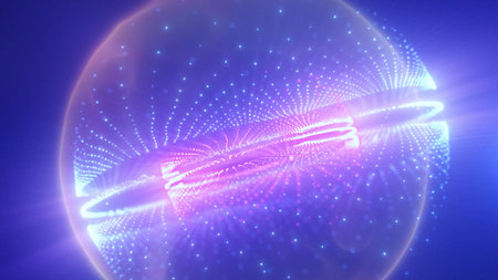 Glowing violet and blue digital sphere emitting light rays.
