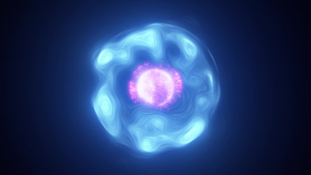 Abstract blue purple energy glowing digital sphere atom made of iridescent energy from moving...