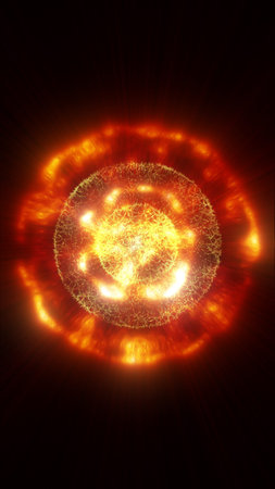 Bright fiery orange solar-like core with glowing rings and radiating rays, creating an abstract sun...