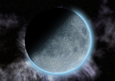 A moon like planet in a dark sky and partial eclipse