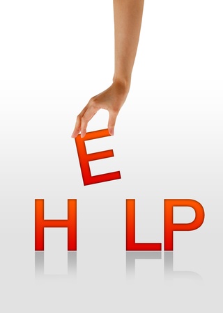 High resolution graphic of a hand holding the letter E from the word Help.の写真素材