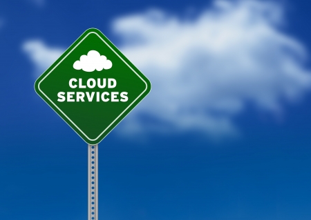 High resolution graphic of a green Road Sign on Cloud Background with the words cloud servicesの写真素材