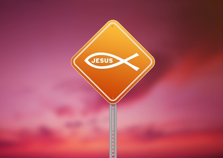 High resolution graphic of a orange Religious Road Sign on Cloud Background.の写真素材