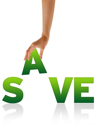 High resolution graphic of a hand holding the letter A of the word Save.の写真素材