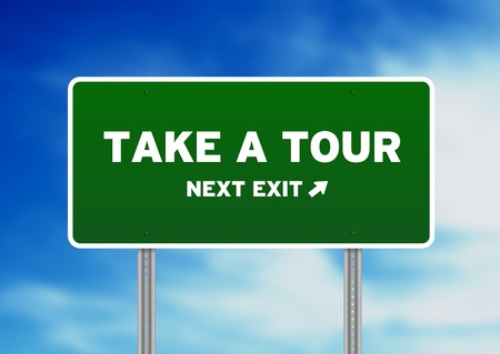 High resolution graphic of a take a tour highway sign on Cloud Background. の写真素材