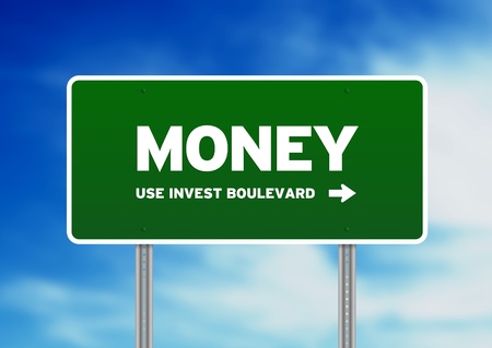 Green Money highway sign on Cloud Background. の写真素材
