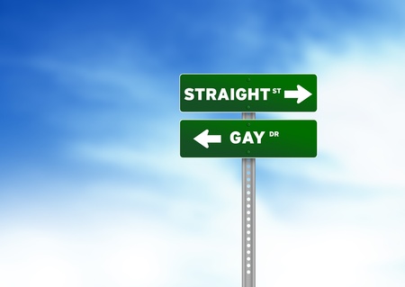 Green Straight and Gay Road Sign on Cloud Backgroundの写真素材