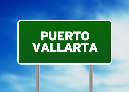 Green Purto Vallarta  highway sign on Cloud Background. の写真素材
