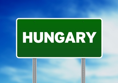 Green Hungary highway sign on Cloud Background. の写真素材