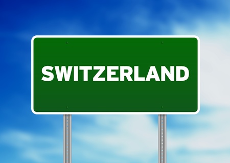 Green Switzerland highway sign on Cloud Background. の写真素材