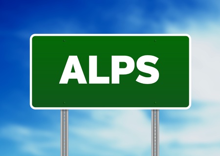 Green Alps highway sign on Cloud Background. の写真素材