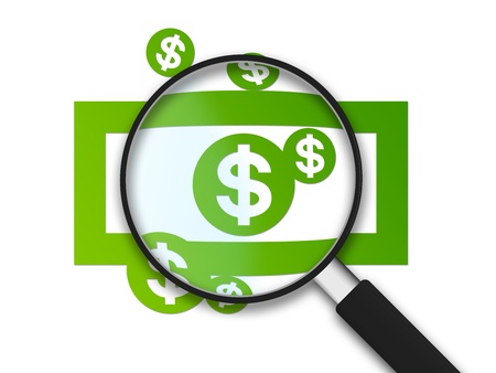 Magnifying Glass with Dollar signs on white backgroundの写真素材