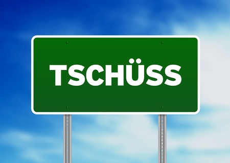 Green TschÃ¼ss highway sign on Cloud Background.の写真素材