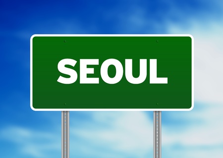 Green Seoul highway sign on Cloud Background. の写真素材